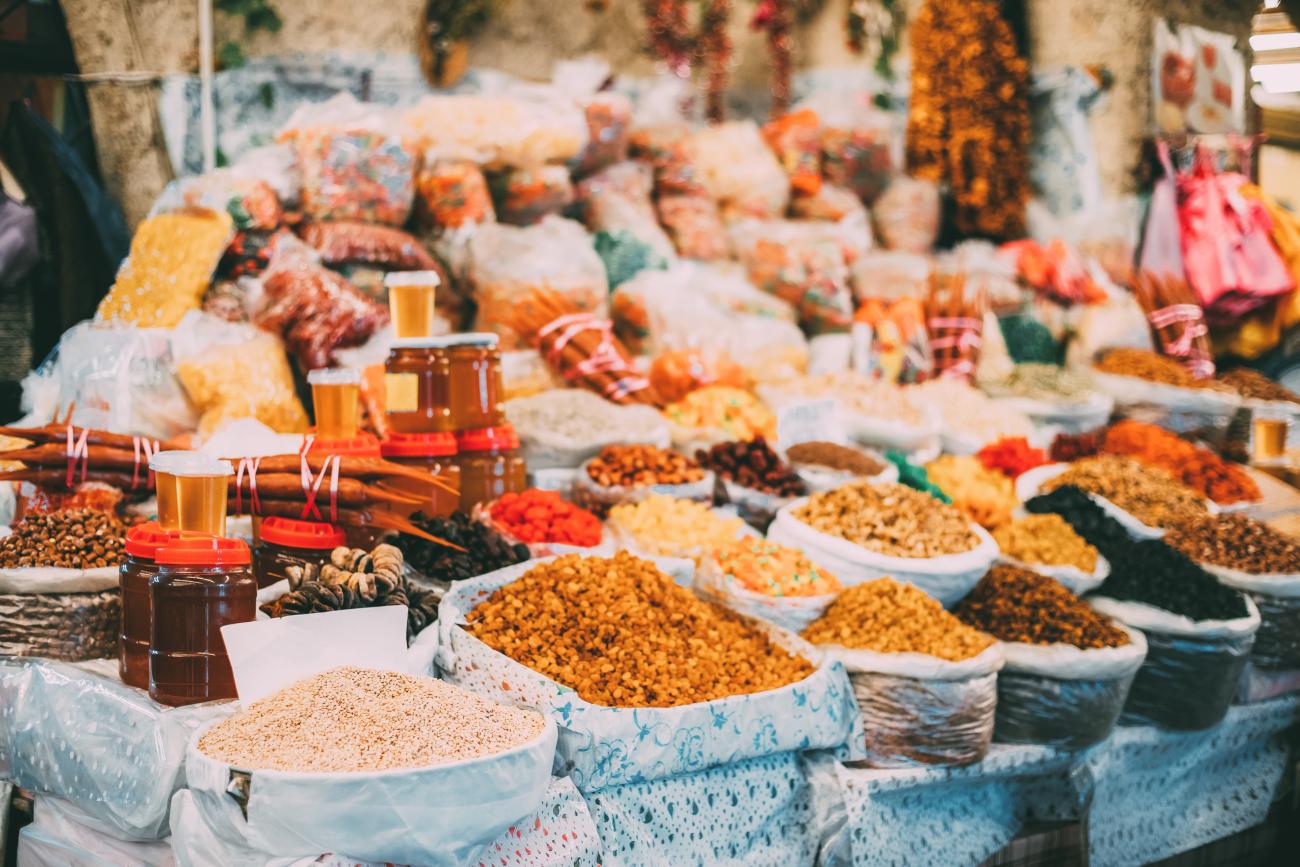 Dried fruit, jams, and nuts market stall in Tbilisi, Georgia